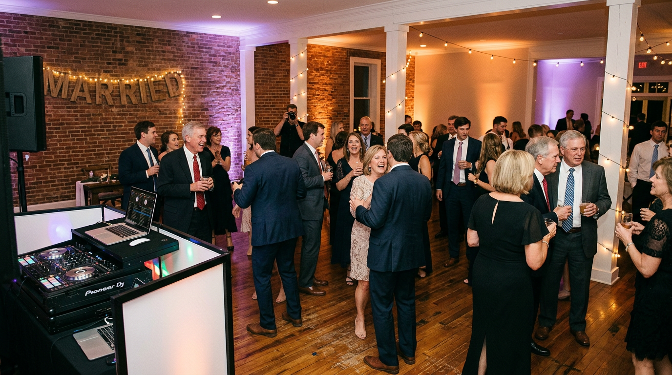Wedding guests dancing at an Auburn Alabama reception with warm uplighting and a professional DJ booth along the dance floor
