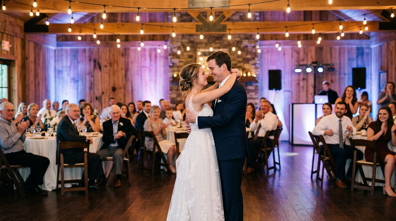 Bride and groom finish their first dance on a warmly lit Auburn wedding reception dance floor as guests prepare for open dancing