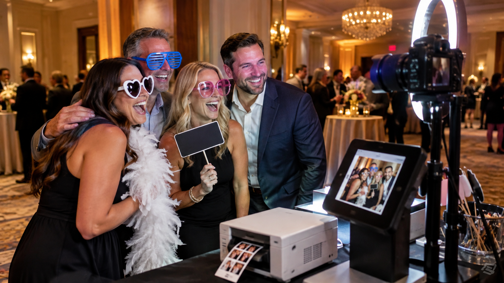 Guests posing at a modern print and digital photo booth station in an elegant Auburn Alabama hotel event foyer with glossy photo strips printing