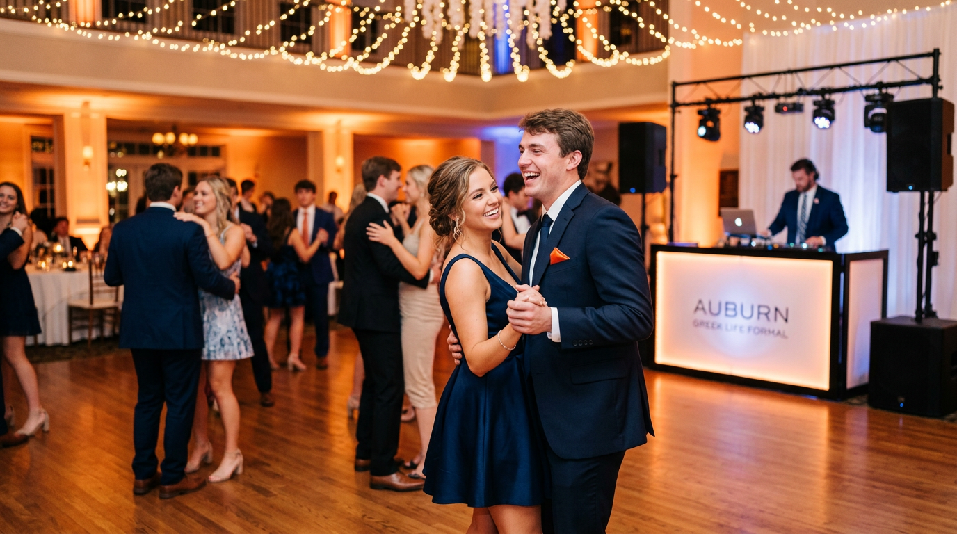 Auburn Greek life formal dance floor with guests in cocktail attire, warm orange and navy uplighting, and a professional DJ booth at an East Alabama chapter formal