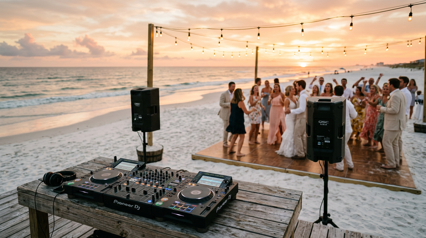 Gulf Shores beach wedding DJ setup on a wooden deck at golden hour with weather-resistant speakers, string lights, and pink Alabama Gulf sunset over white sand