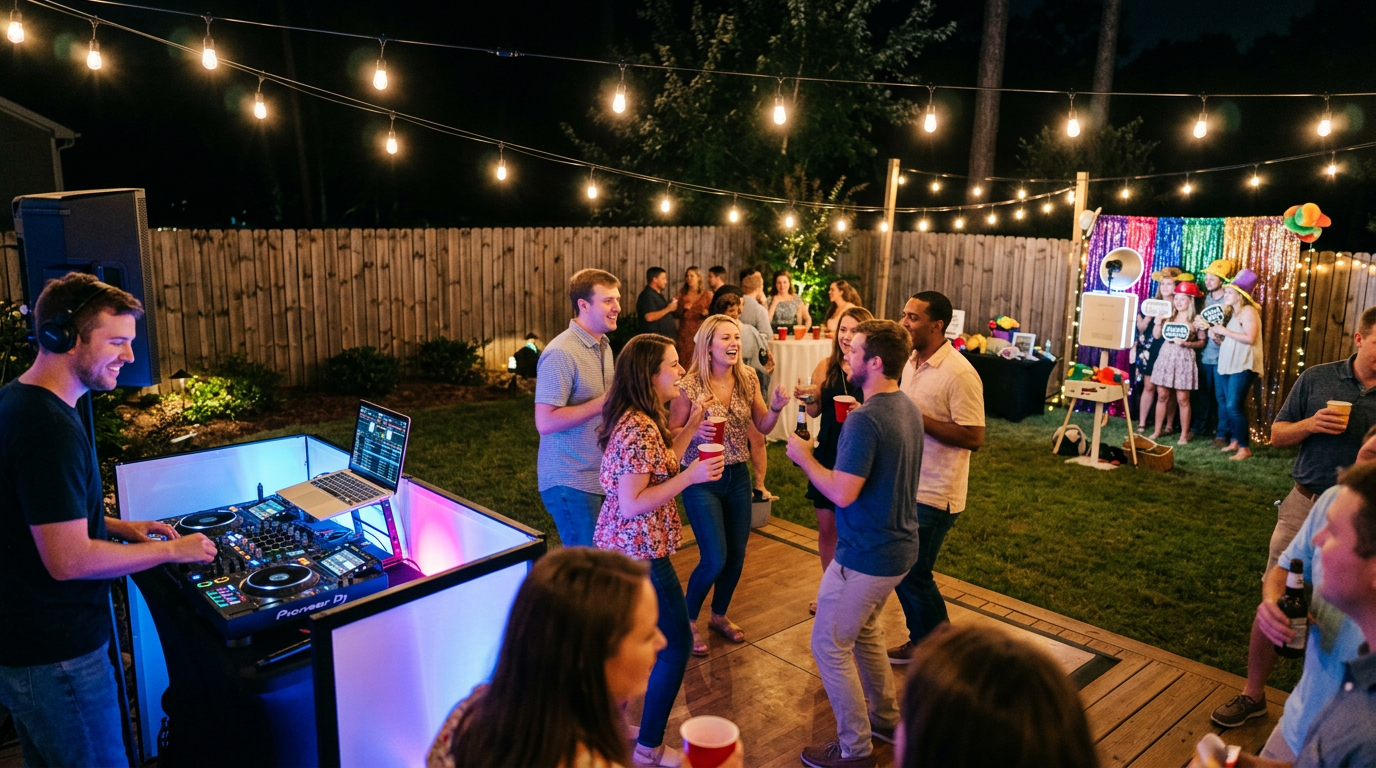 Outdoor backyard birthday party with DJ booth uplighting and string lights in Auburn Alabama residential neighborhood at night