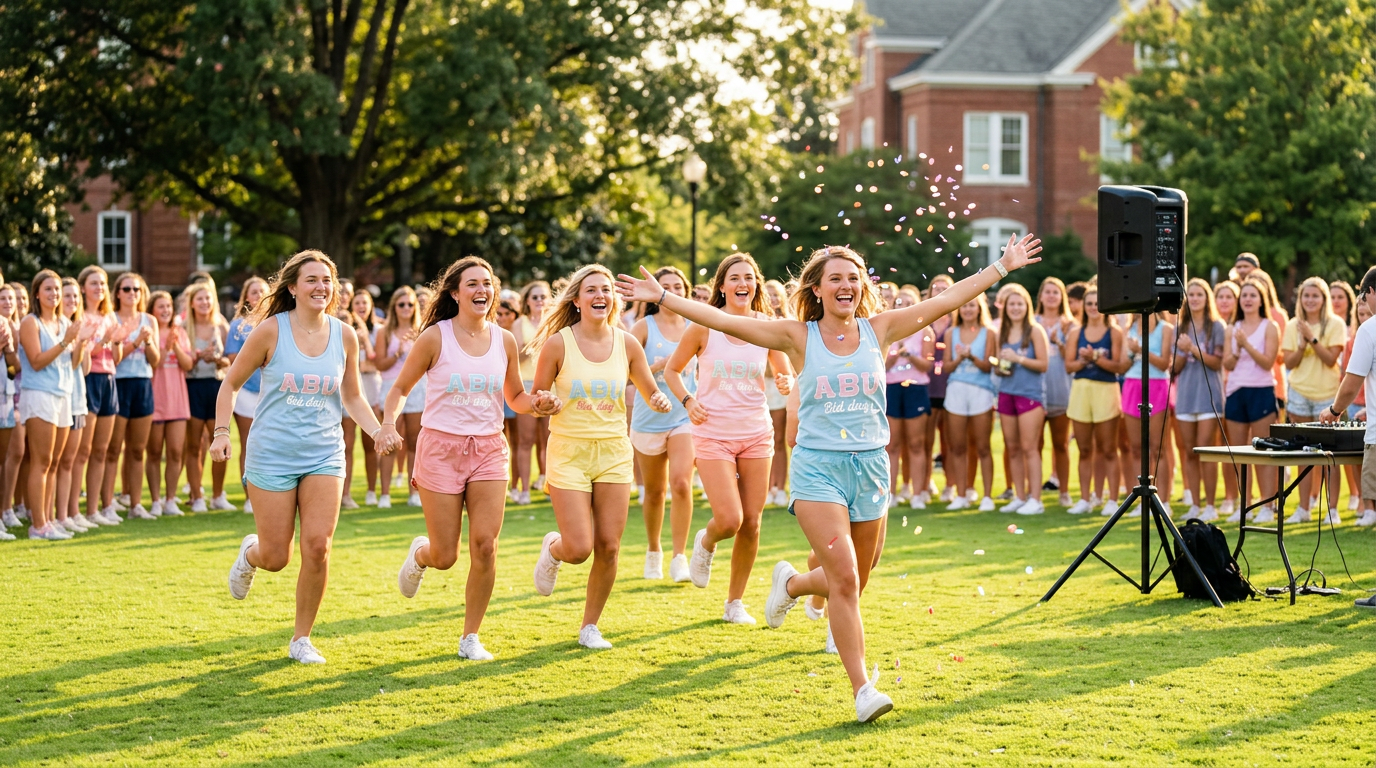Sorority bid day celebration on Auburn University quad with confetti, coordinated outfits, and portable DJ speaker during Greek recruitment