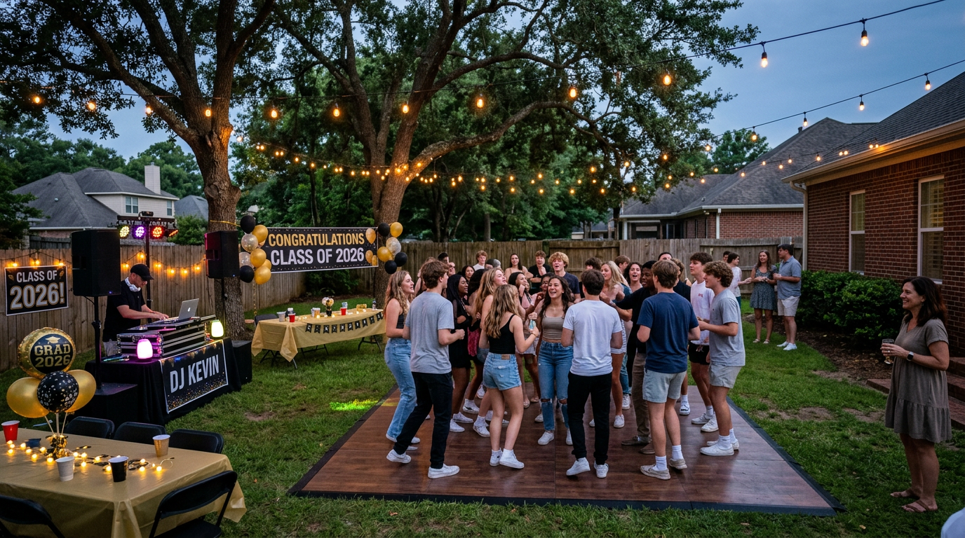 Graduation party DJ setup in an Auburn Alabama backyard with gold and black balloons, string lights, and graduates dancing at dusk