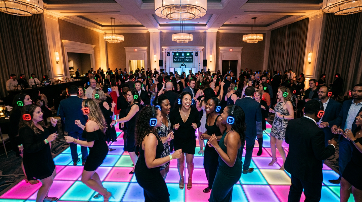 Crowd dancing with glowing LED wireless headphones on an illuminated LED dance floor at an upscale Auburn Alabama event venue during a silent disco party