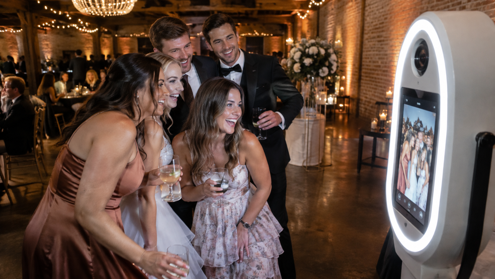Wedding guests laughing and posing at a modern AI photo booth with LED ring lighting at an upscale Auburn Alabama reception venue with string lights and warm uplighting