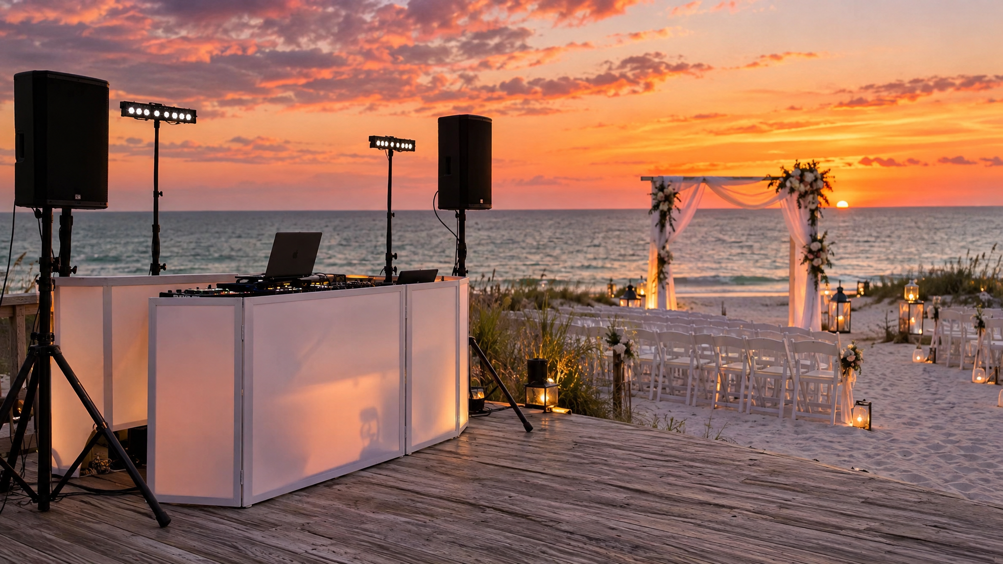 Professional DJ booth with speakers and LED lighting set up on a wooden deck beside a decorated wedding arch on Orange Beach Alabama at sunset
