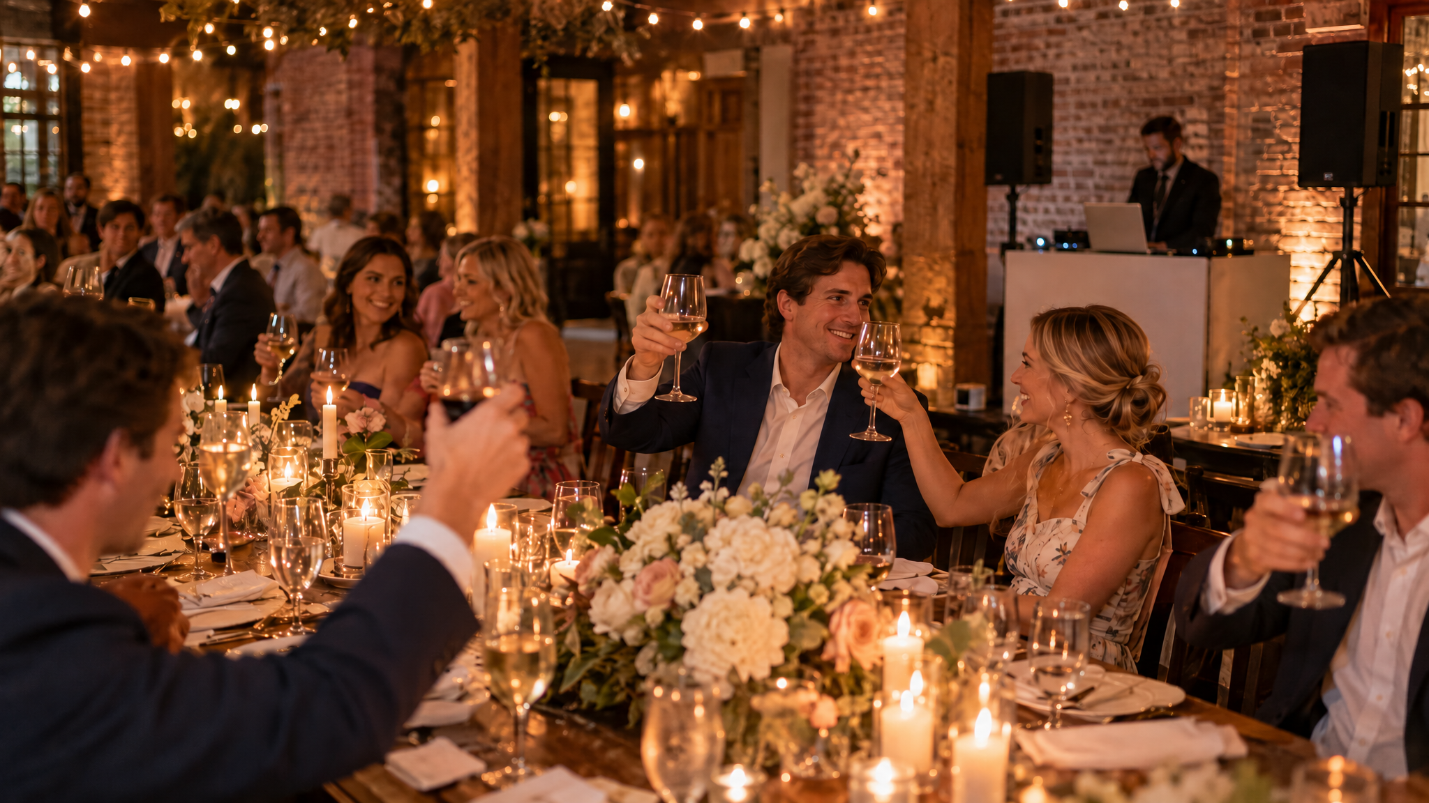 Elegant wedding rehearsal dinner at an Auburn Alabama restaurant with Edison string lights, candlelit farmhouse table, guests toasting, and a DJ speaker setup in the background