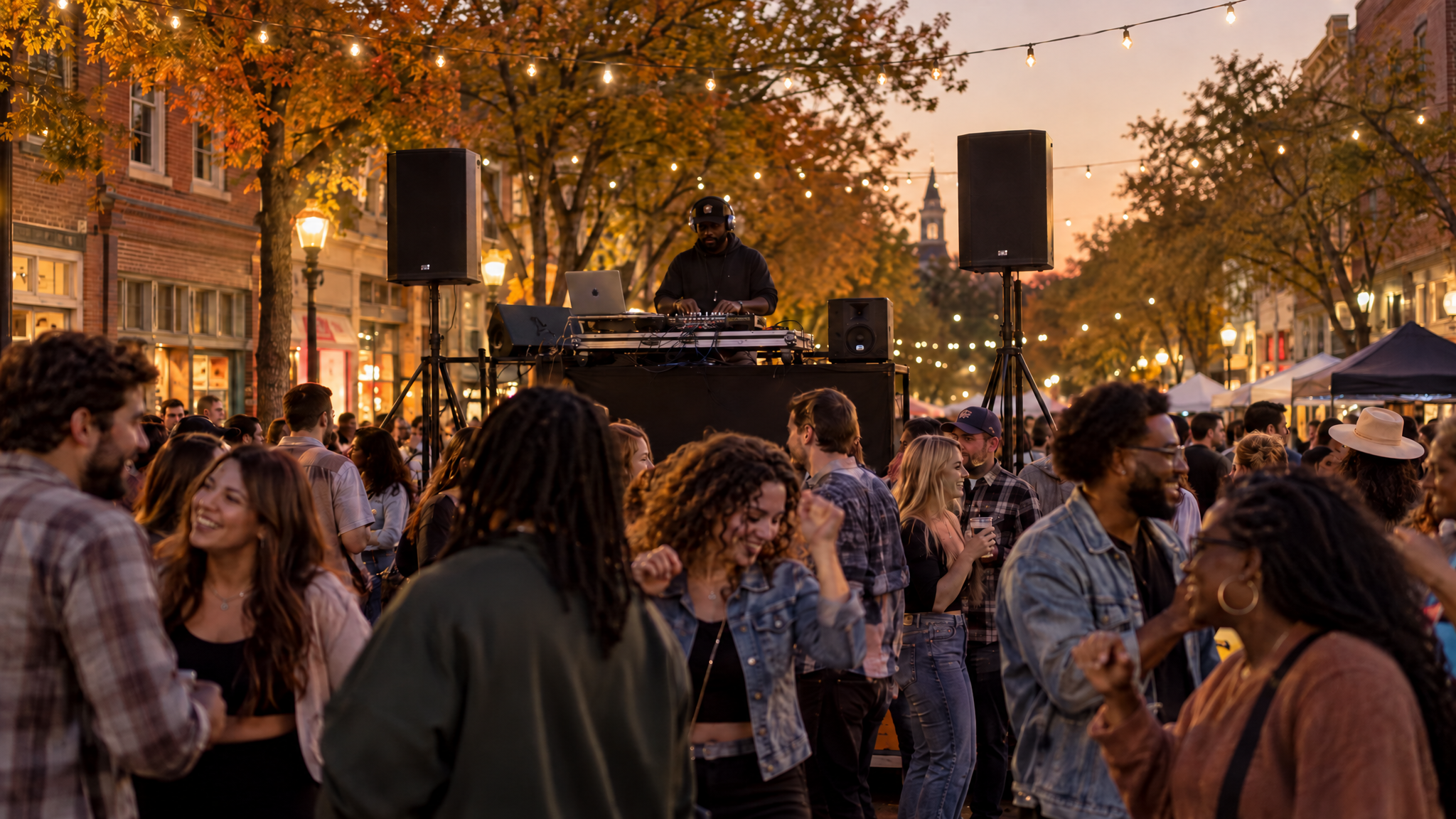 Professional DJ booth with PA speakers at an outdoor fall street festival in a Southern downtown at dusk with string lights and autumn trees