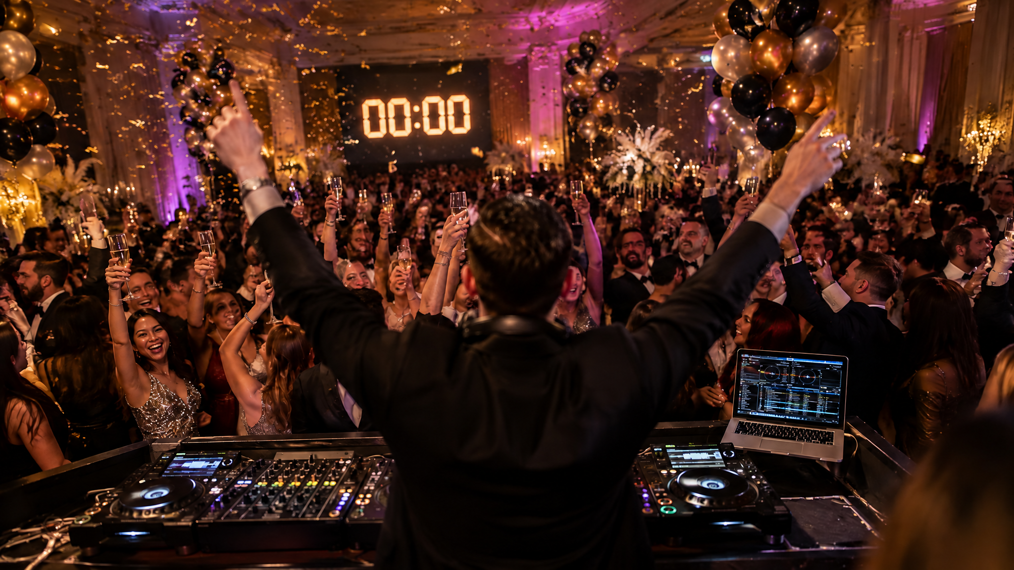 New Year's Eve DJ setup at an upscale Auburn Alabama venue with gold confetti falling over a packed dance floor and purple uplighting at midnight countdown