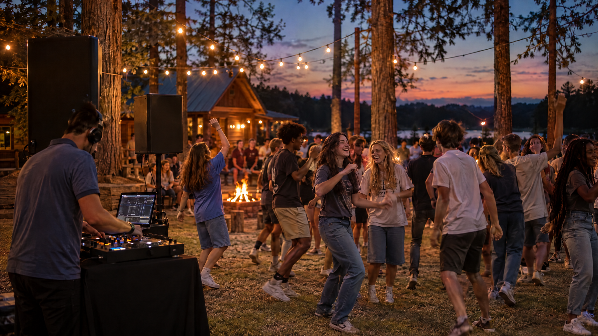 Teenagers dancing under string lights at a rustic youth retreat camp near Auburn Alabama with a professional DJ setup and bonfire glow at dusk