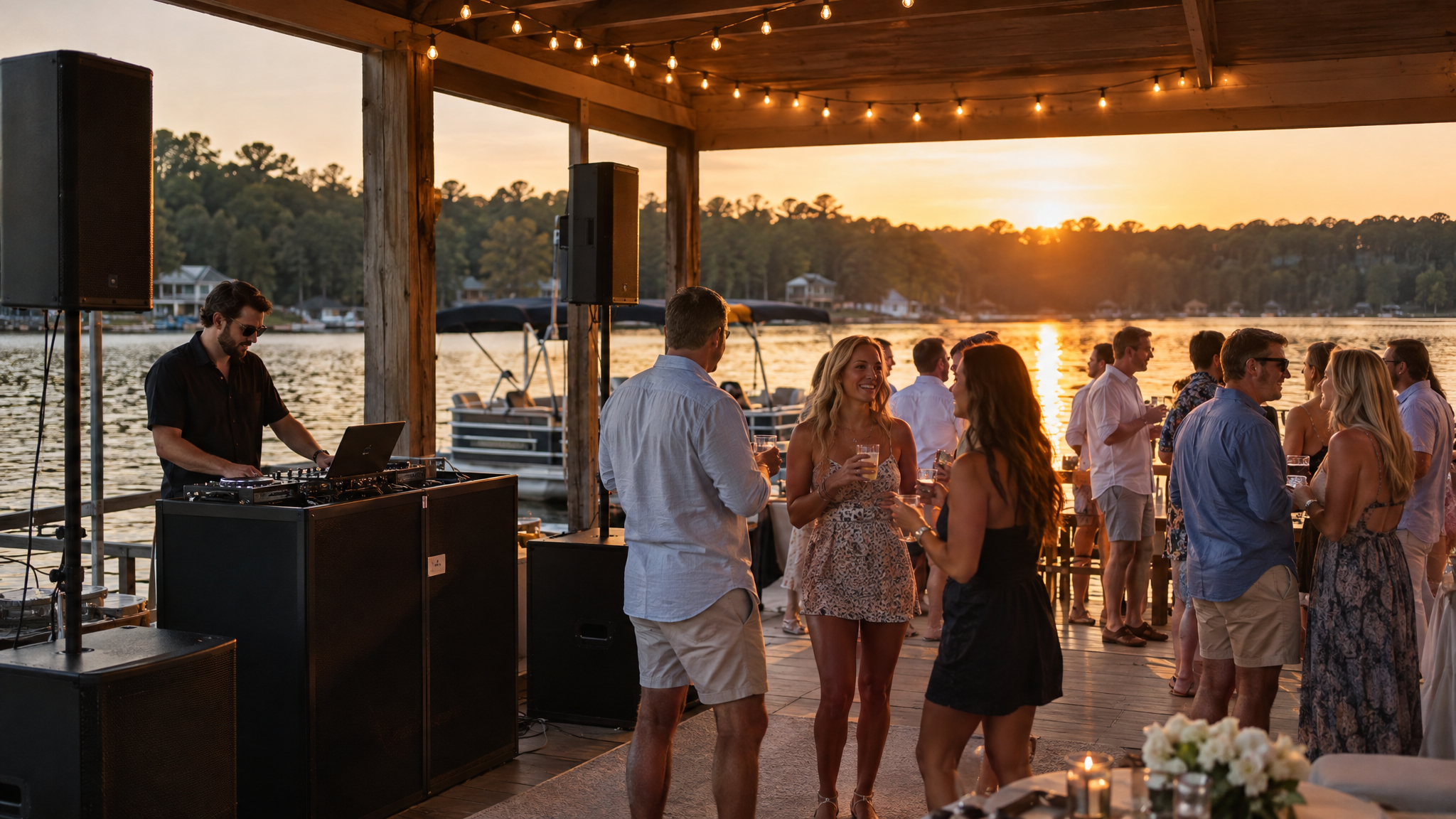 Lake Martin lakehouse dock party at dusk with professional DJ speaker setup string lights and guests near the water Auburn Alabama