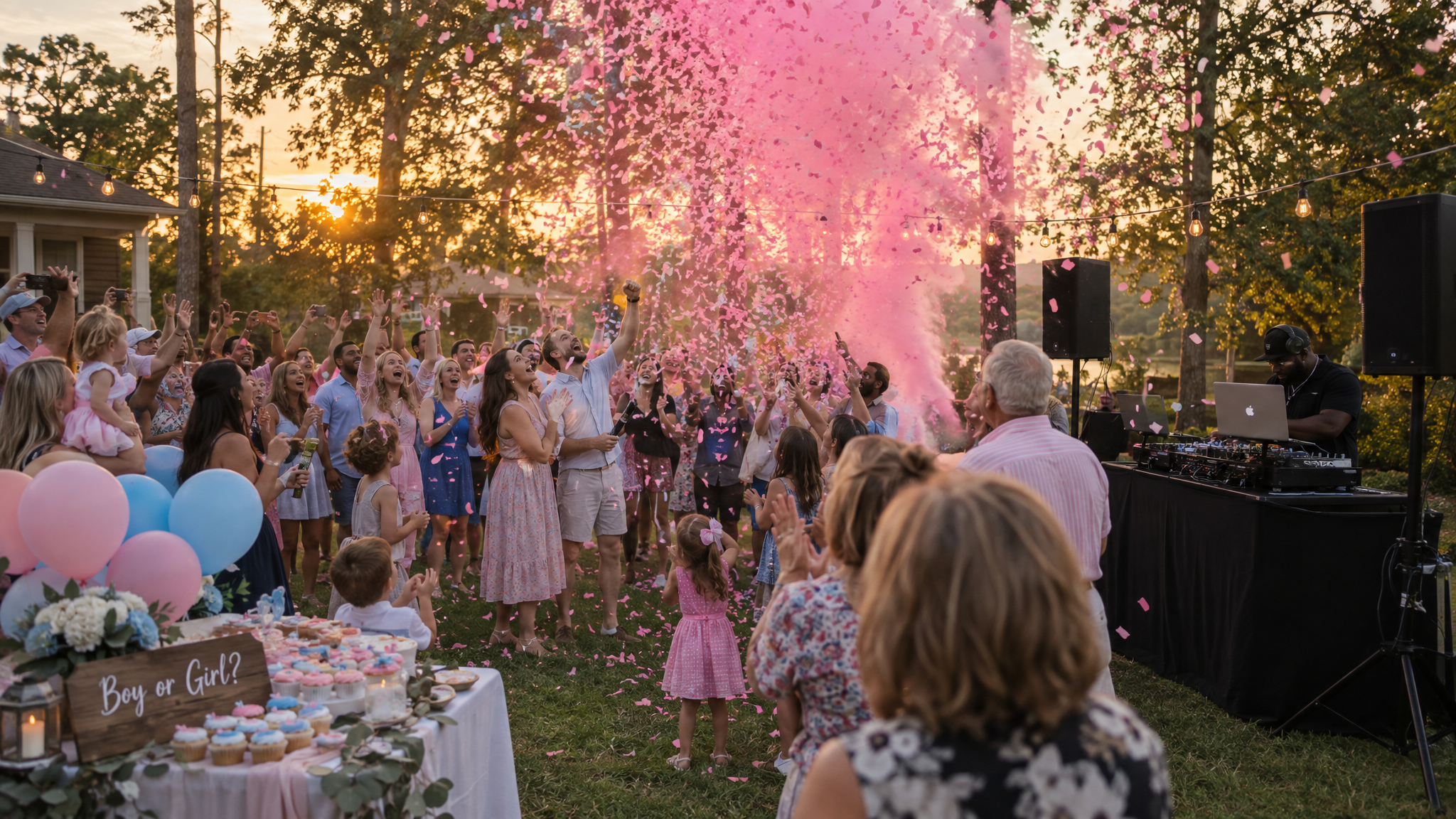 Guests cheering as pink confetti bursts into golden-hour sky at a gender reveal party with a professional DJ setup in an Auburn Alabama backyard